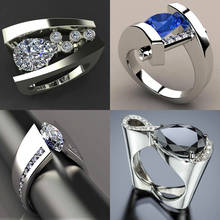 Anillo de compromiso de lujo con piedra de circonita negra azul para hombre y mujer, sortija de boda de Color plateado, joya de compromiso 2024 - compra barato