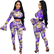 Causal Tie Dye Two Piece Sets  Sheer Mesh Flare Long Sleeve Crop Tops Leggings Pants Suit Outfit Sportwear Tracking Matching Set 2024 - buy cheap