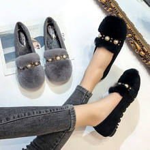 luxury real rabbit hair warm winter women shoes pearl crystal decorated flats soft soled non-slip oxfords loafers lazy moccasins 2024 - buy cheap