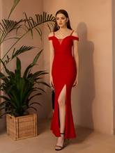 Женское вечернее платье с открытыми плечами Angel-fashions, красные вечерние платья со шнуровкой и разрезом, 566 2024 - купить недорого