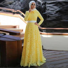 Vestidos de Noche musulmanes amarillos, línea A, cuello alto, mangas largas de encaje, Hijab Dubai, Arabia Saudita, Vestido largo de noche para baile de graduación 2024 - compra barato