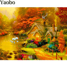 Diy Алмазная картина, Осенний пейзаж, Лесной дом, пейзаж, алмазная вышивка, полностью квадратная круглая Алмазная мозаика 5d 2024 - купить недорого