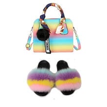 Real Fox Fur Rainbow Sandles With Matching Purses Furry Slides And Handbags Fluffy Slippers For Woman With Bag Match Women Shoes 2024 - buy cheap