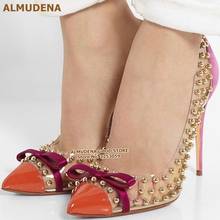 ALMUDENA Clear PVC Gold Studded Pumps 12CM Stiletto Heels Bowtie Wedding Shoes Orange Patent Leather Pointed Toe Banquet Shoes 2024 - buy cheap