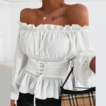 Slash Neck Women Shirt Blouse Long Sleeve Ruffle Corset Ladies Tops Blouses Autumn Female Off Shoulder Shirts Casual Lady Blusa 2024 - buy cheap