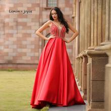 Lemon joyce Evening Dress 2020 Sexy Red Color Elegant  A-Line V-Neck Floor length Crystal Beading Party Gown Plus Size 2024 - buy cheap