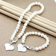 New Natural Pearl 8mm Beaded Chain 925 Sterling Silver Heart Shape Pendant Necklace Bracelet Set For Women'S Wedding Jewelry 2024 - buy cheap