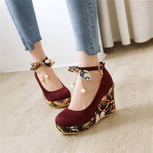 YMECHIC Spring 2020 Fashion Bow Bead Ankle Strap Platform Heels Ladies Shoes Red Black Flock Print Pumps Shoes Woman High Heel 2024 - buy cheap