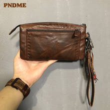 PNDME fvintage designer genuine leather women's clutch wallet organizer luxury real cowhide long zipper tassel men's phone purse 2024 - buy cheap