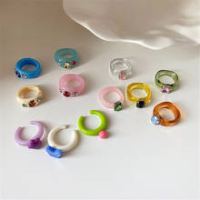 Anel de resina acrílica transparente colorido, design minimalista de verão, anel de casamento quadrado geométrico de strass para mulheres, joias 2024 - compre barato