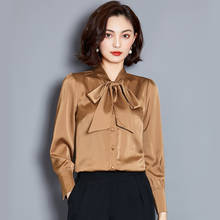 Camisa com laço de seda verdadeira, blusa feminina casual de manga longa de outono, elegante e formal, camiseta de trabalho plus size 2024 - compre barato