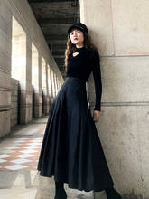 Free Shipping 2022 New Vintage Long Maxi Plead High Waist Skirt For Women Autumn Winter S-2XL Black Big Hem Pockets 2024 - buy cheap