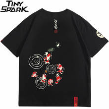 2021 Мужская футболка в стиле хип-хоп в китайском стиле с надписью Kanji и принтом рыбы, уличная хлопковая Футболка Harajuku, летние топы с короткими рукавами, черные футболки 2024 - купить недорого