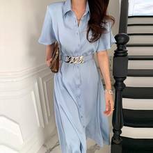 JSXDHK 2021 New Summer Statin Shirt Dresses Chic Elegant Women Single Breasted Turn Down Collar Female Blue Long Dress With Belt 2024 - buy cheap