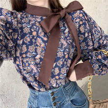 Blusa elegante con manga acampanada para mujer, camisa Vintage con lazo Floral, ropa de trabajo para otoño 2024 - compra barato