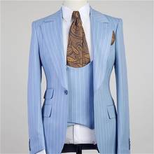 Мужской костюм Homme, светильник в синюю полоску, мужские костюмы из 3 предметов, на одной пуговице, с отворотом, на каждый день, для жениха, свадьбы, Мужской приталенный Блейзер 2024 - купить недорого