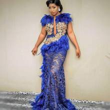 Lastest Aso Ebi Style Evening Dresses Royal Blue Cap Sleeve See Through Mermaid Prom Gowns Plus Size Robe Party Dress 2024 - buy cheap