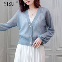 YISU Women Spring Casual Cardigan Transparent Solid color V-Neck  Long sleeve Spring tops 2021 New Knitted Cardigan Thin section 2024 - buy cheap