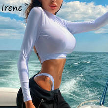 Irene 2021 Long Sleeve Basic T Shirts Women Spring Autumn O Neck Black White Solid Slim Backless Bandage Women Sexy Crop Tops 2024 - buy cheap