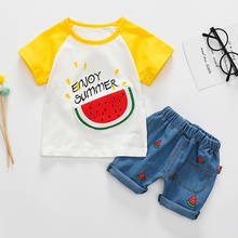 Conjuntos de roupas de verão para bebês, meninos, meninas, conjunto com desenhos animados melancia, manga curta + shorts em jeans, roupas infantis, camiseta 2024 - compre barato