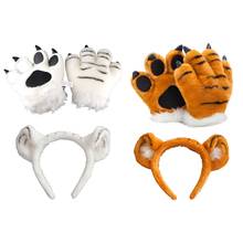 Adulto crianças de pelúcia tigre cosplay conjunto traje bonito orelhas bandana 3d animal pata fofo luvas brinquedos recheados mittens festa adereços 2024 - compre barato