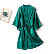 Mini vestido de cetim, robe verde de verão, robe, roupa de dormir, sexy, gola em v, roupão com cinto, lingerie íntima feminina solta 2024 - compre barato