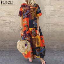 Vintage Cotton Linen Maxi Dress Women's Printed Sundress Kaftan Casual Short Sleeve Tunic Vesitos Female O Neck Robe  2024 - buy cheap