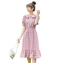 Aiyanga 2021 vestido feminino boho mini vestido de verão doce peter pan colarinho xadrez vestidos festa férias vestido femme de mujer 2024 - compre barato