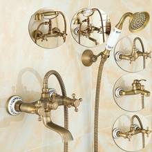 Antique Brushed Brass Bath Faucets Wall Mounted Bathroom Basin Mixer Tap Crane With Hand Shower Head Bath & Shower Faucet 2024 - buy cheap
