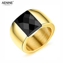 AENINE-anillo de acero inoxidable estilo neogótico para niño, sortija de circonia cúbica cuadrada negra, Color dorado, estilo hip hop/Rock, 14mm de ancho, AR19082 2024 - compra barato