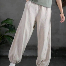 2022 Summer Cotton Linen Tie Feet Harem Pants for Women Vintage Elastic Waist Loose Pants Ankle-length Green Trousers Female 2024 - buy cheap