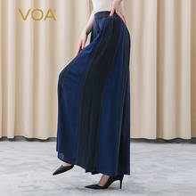 VOA 30m/m Silk Navy Blue Bump Splicing Spring Woman Trousers KE268 Yellow Thread Decorative Streetwear Wide Leg Pants for Women 2024 - buy cheap