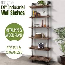 iKayaa 6-Tier Wall Shelves Rustic Industrial Iron Pipe Wood Planks DIY Bookcase Flowers Book Shelf Storage for Bathroom Kitchen 2024 - buy cheap