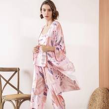 JULY'S SONG Viscose Floral Printed Women Pajamas Set 3 PCS Female Pyjama Loose Elegant Pink Leave Female Nightwear Spring Summer 2024 - buy cheap