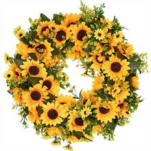 Coroa de flores girassóis artificiais de verão, 16 estruturas decorativas, com girassol amarelo e folhas verdes para porta frontal i 2024 - compre barato
