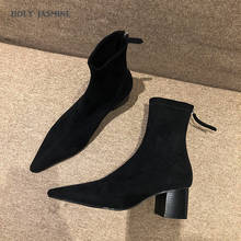 Novo estiramento de tecido moda senhoras botas 2020 outono inverno zip dedo do pé quadrado calcanhar básico tornozelo botas para mulher pigskin tpr 2024 - compre barato