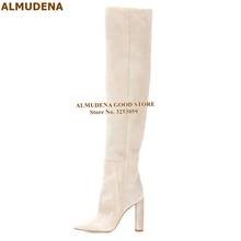 ALMUDENA Cream Color Suede Thigh High Boots Thick Chunky Heel Folded Over The Knee Boots Pointed Toe Nightclub Tall Dress Boots 2024 - buy cheap
