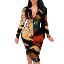 Vintage Women Long Sleeve Leaf Print Deep V Neck Zipper Bodycon Midi Party Dress 2024 - buy cheap