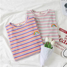 T-shirts Women Summer Striped O Neck Short Sleeve Oversize Rainbow Ins Leisure Korean Style Womens Tshirts Chic Sweet All-match 2024 - buy cheap