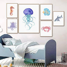 Pósteres e impresiones de vida marina con acuarela, cuadro de pulpo, caballito de mar, cangrejo, arte de pared, lienzo, imágenes de criaturas oceánicas, decoración para habitación de niños 2024 - compra barato