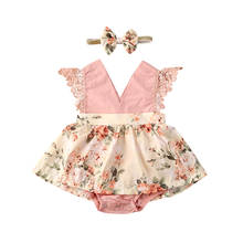 0-24M Newborn Infant Baby Girls Romper Dress Floral Sleeveless Lace Pink V Neck Princess Jumpsuits Headband Outfits 2024 - buy cheap