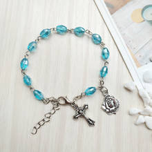 QIGO Religious Jewelry Metal Cross Rose Blue Crystal Rosary Bracelet For Women Gifts 2024 - buy cheap