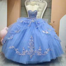 Light Sky Blue Beaded Ball Gown Quinceanera Dresses Sweetheart Neck Sequined Prom Gowns Appliqued Sweep Train Tulle Sweet 15 Dre 2024 - buy cheap