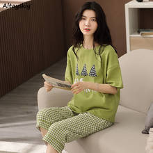 Conjuntos de pijamas femininos com gola redonda, estampa casual estilo coreano, panturrilha, roupa de dormir feminina, confortável, ulzzang, todos os jogos diários 2024 - compre barato