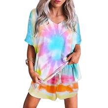 Women soft Pajama Sets Sleepsuit Tie Dye V Neck Short Sleeve Loose T-shirt +Shorts summer Sleepwear sleeping Set female 2024 - buy cheap