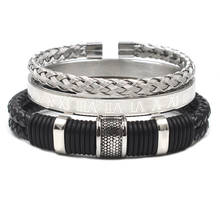 3pcs/Set Black Leather Bangles Set Stainless Steel Wristband Braiding Bangle Roman Numbers Bracelets For Men HipHop Punk Jeweley 2024 - buy cheap