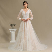 Romantic A Line Beads Lace Wedding Dresses Bohemian Long Sleeve Tulle Open Back Wedding Bridal Gowns Vestido de Noiva 2024 - buy cheap