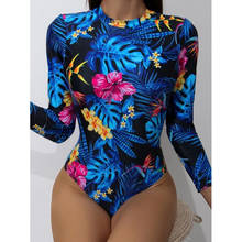 2021 surf bodysuit impressão floral um pedaço maiô feminino monokini manga longa sem costas maiô feminino 2024 - compre barato