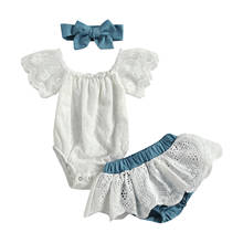 2021 New Summer 0-18M Toddler Baby Girl 3Pcs Set Lace Short Sleeve Off Shoulder Bodysuit+Skirt Shorts+Blue Headband Infant 2024 - buy cheap