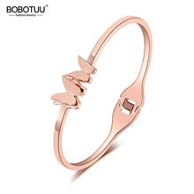 BOBOTUU Trendy Titanium Stainless Steel Double Butterfly Bangles Bracelets For Women Girls Cuff Bangle Bracelet Jewelry BB19067 2024 - buy cheap